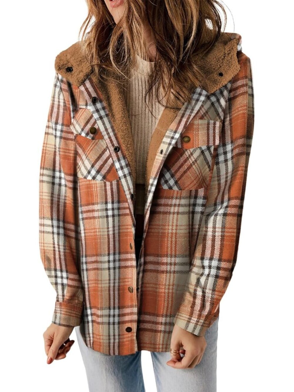〽️Women's Orange Plaid Fleece Lined Hooded Shacket with Pockets - Picture 1 of 6